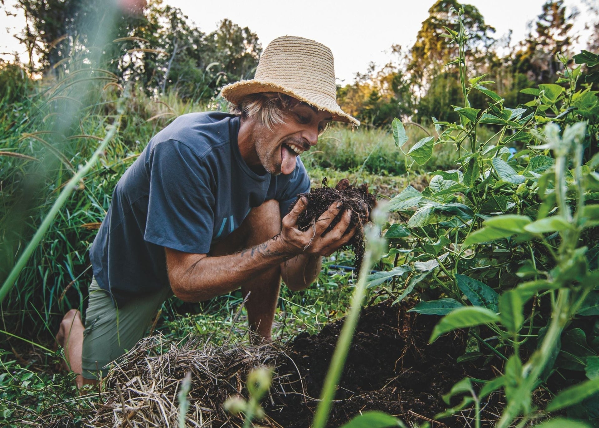 Opening image: Dave Rastovich is very much part of the biological soil network in his North Coast garden. Photo Christa Funk